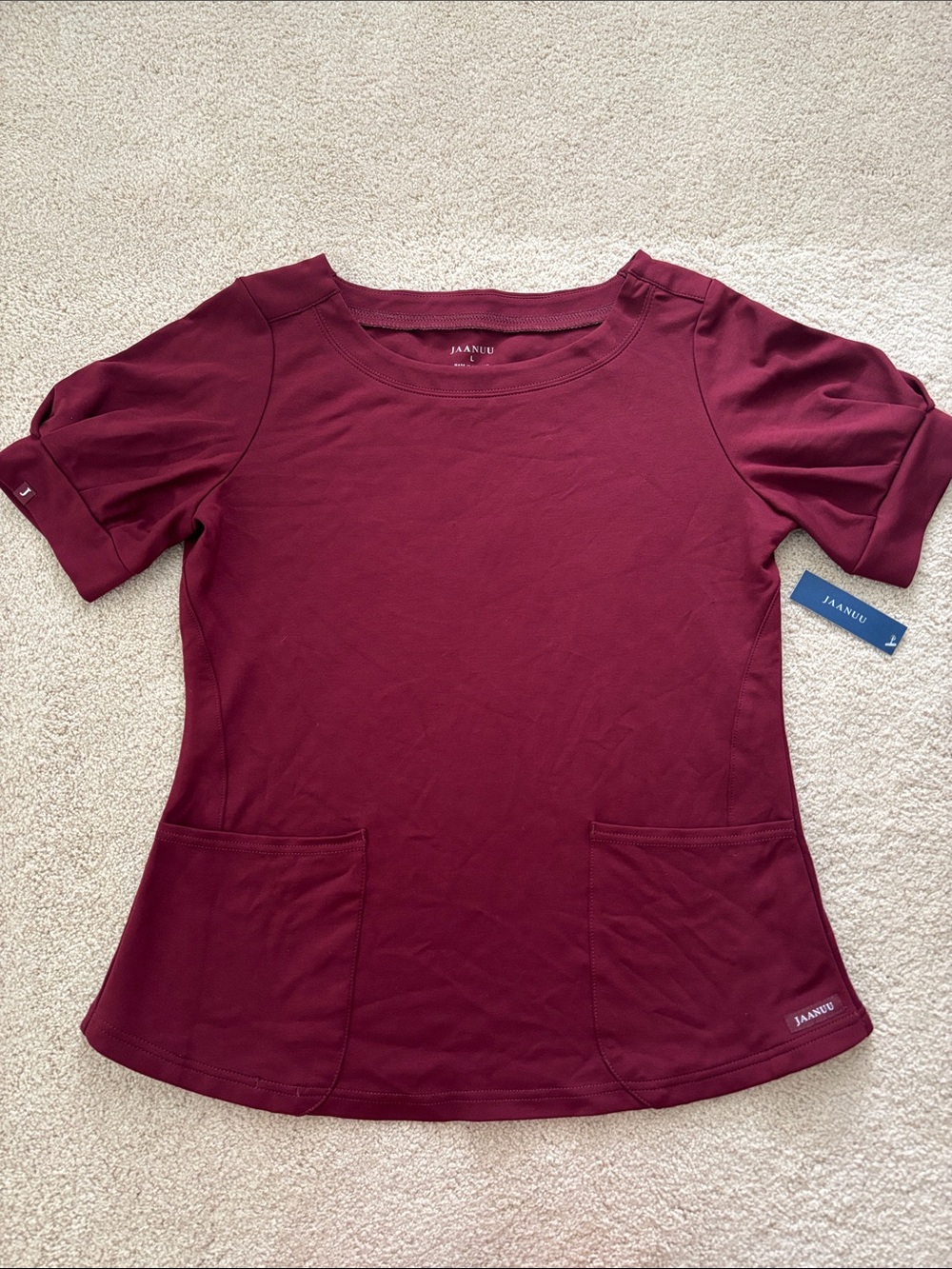NWT Jaanuu Women’s Burgundy Red Scoop Neck Scrub Top Size Large